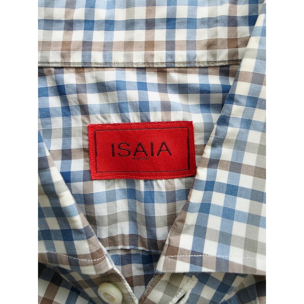 Isaia Napoli Mens 16.5 42 Blue Brown Check Cotton Button Down Shirt‎ Made Italy - Picture 3 of 11